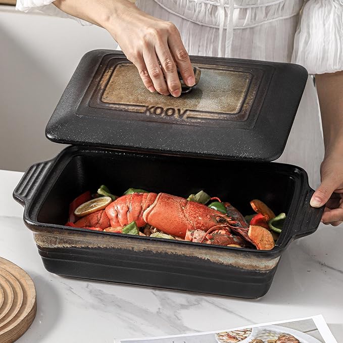 KOOV Ceramic Casserole Dish with Lid, Covered Rectangular Casserole Dish Set, Lasagna Pans with Lid