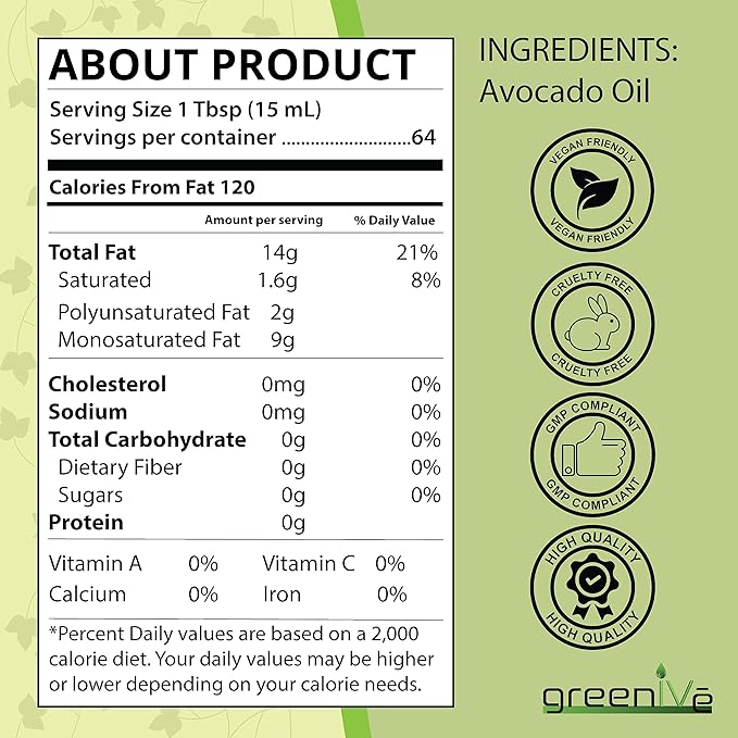 GreenIVe Avocado Oil Naturally Grown 100% Pure Natural without Additives, Clean, Cold Pressed
