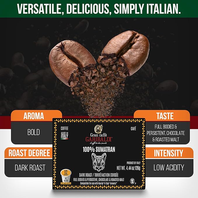 Caffè Garibaldi Sumatran Coffee Pods, Single-Serve Capsules for Keurig K-Cup Brewers with 100%