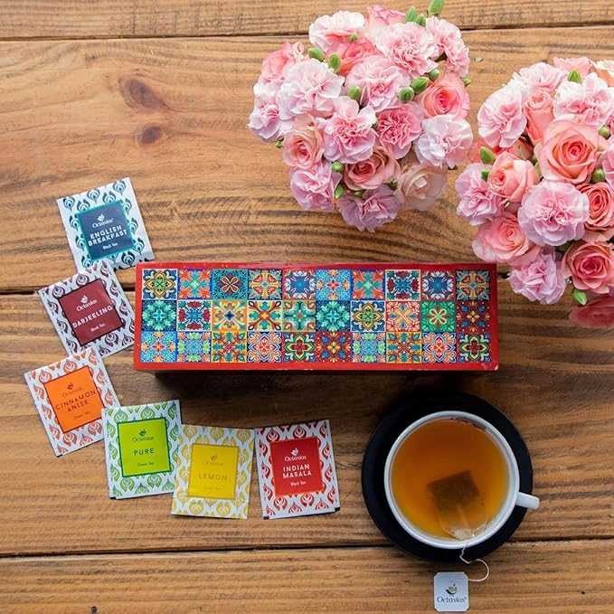 Octavius - Assorted Tea Variety Pack in Tile Motif Design Wooden Box | 6 Flavors, 60 Tea Bags |