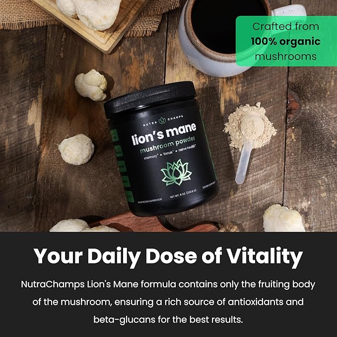 NutraChamps Organic Lions Mane Powder - 2000mg Powerful Nootropic for Memory, Focus, Immune Support