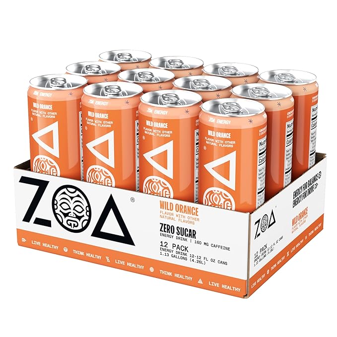 ZOA Zero Sugar Energy Drinks, Wild Orange - Sugar Free with Electrolytes, Healthy Vitamin C, Amino