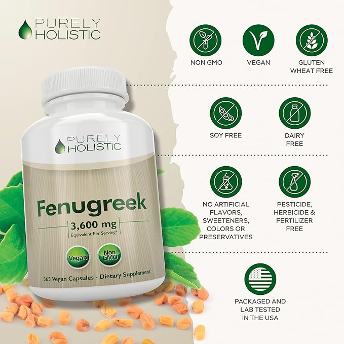 Purely Holistic Fenugreek Capsules 3600mg - 365 Vegan Capsules - Lactation Supplement - from