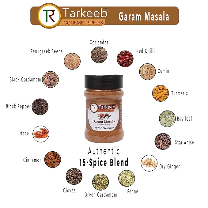 Tarkeeb Garam Masala Indian 15-Spice Blend 3.52 oz (100g) Shaker Top PET Jar ~ All Natural | Vegan