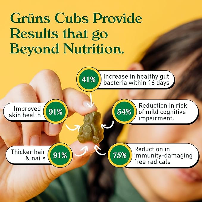 Gruns Kids Vitamins, Super Greens Gummies - Superfood Gummy Bears with Spirulina, Chlorella, 20+