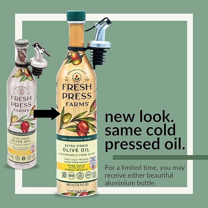 Fresh Press Farms Cold Pressed High Polyphenol Pure Gold Extra Virgin Olive Oil, 16.4 Fl Oz (Pack