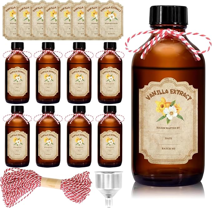 8 Pack 8 Ounce Amber Glass Bottle with Lids Vanilla Extract Homemade Brown Bottle 8 oz and 8 Pcs
