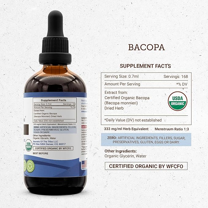 Bacopa USDA Organic | Alcohol-FREE Extract, High-Potency Herbal Drops, Relaxation, Positive