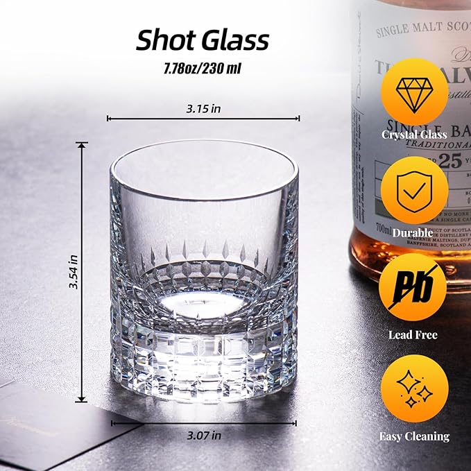 KAMMAK Crystal Whiskey Glasses Set of 2, Luxury 7.78oz Old Fashioned Glasses Stemless, Hand Blown