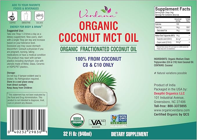 Verdana USDA Certified Organic Coconut MCT Oil ?밊ractionated Coconut Oil ??No Palm Kernel Used