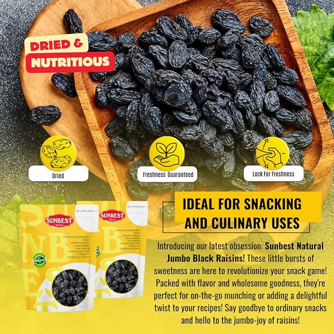 Sunbest Natural Jumbo Black Raisins ??3 lb Bulk Bag (48 oz) ??Plump, Juicy & Seedless Dried Raisins