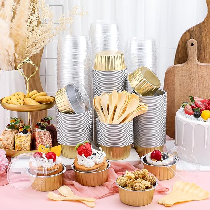 Hushee 600 Pcs Aluminum Foil Baking Cups with Lids and Spoons 5oz Disposable Ramekins Dessert