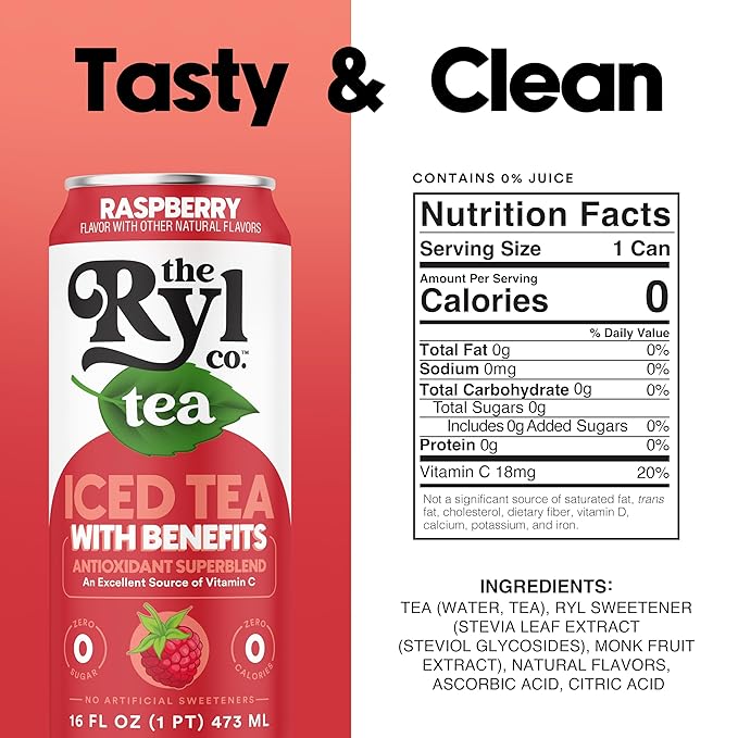 Ryl Iced Tea, Raspberry, Antioxidant Superblend, Zero Sugar, Low Carb, Zero Calorie Iced Tea, 16.0
