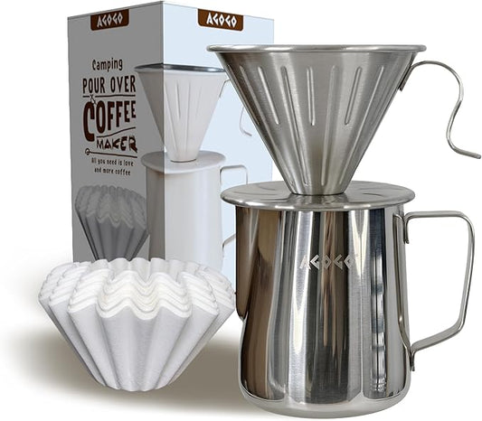 AGOGO Compact Portable Pour Over Coffee Maker Set - Easy Cleaning 304 Stainless Steel Dripper Set
