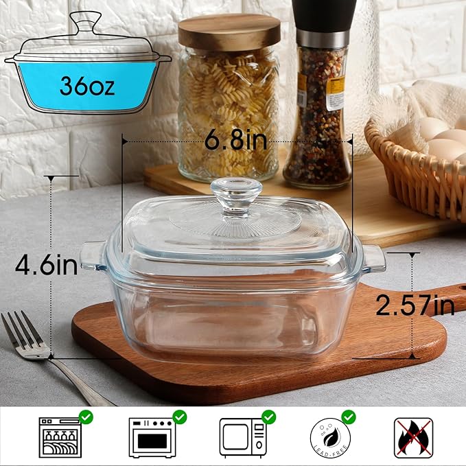 NUTRIUPS Small Glass Casserole Dish with Lid Oven Safe Square Casserole Dish 6.8 Inches Microwave