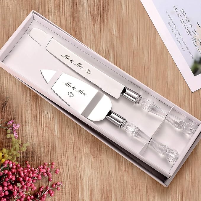 AW BRIDAL Mr Mrs Wedding Cake Knife and Server Set, Silver Cake Cutting Set for Wedding, Pie Cutter