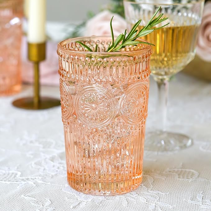 Vintage Textured Rose Gold Striped Drinking Glasses Set of 6, (13 oz) Ribbed Glassware Set |