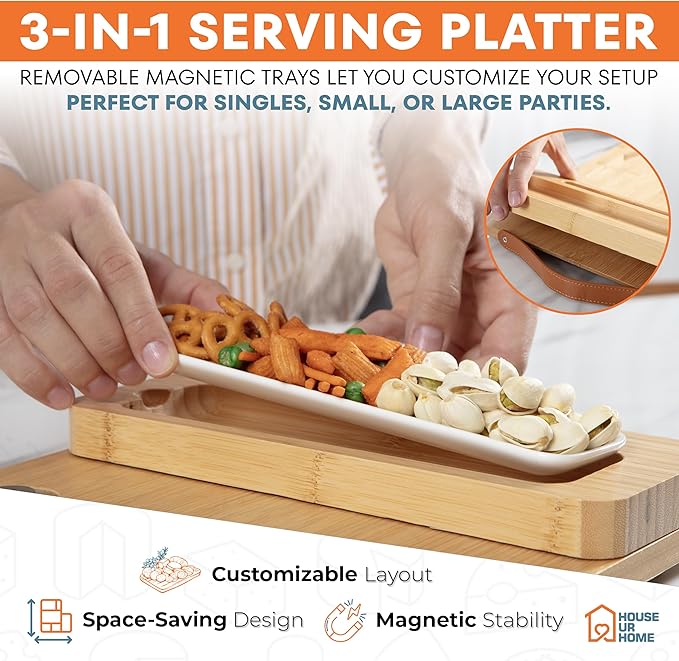 Bamboo Charcuterie Boards Gift Set with Magnetic Removable Side Trays, Fruit Tray, Handles