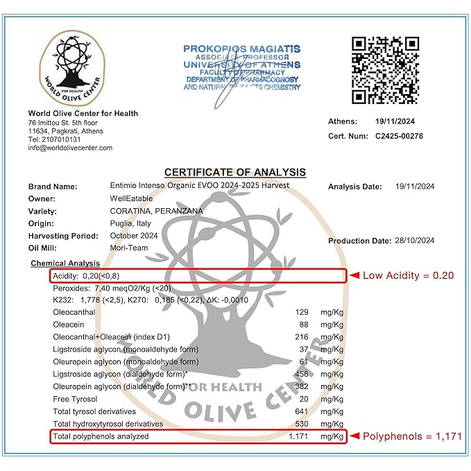Entimio Intenso +900 mg/kg Polyphenol Rich Organic Extra Virgin Olive Oil, New 2024-2025 Early