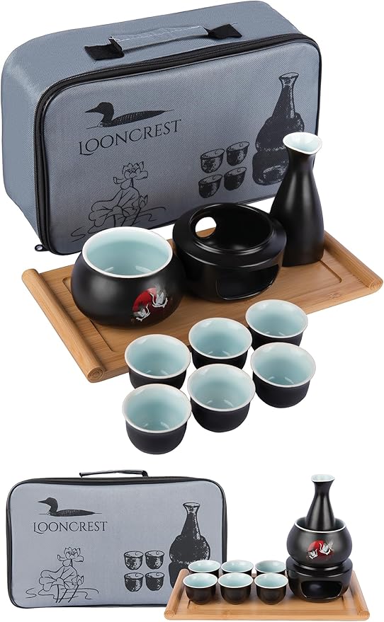 Japanese Sake Cup Set with 6 Ceramic Cups, 1 Ceramic Sake Bottle, 1 Ceramic Sake Warmer, Bamboo