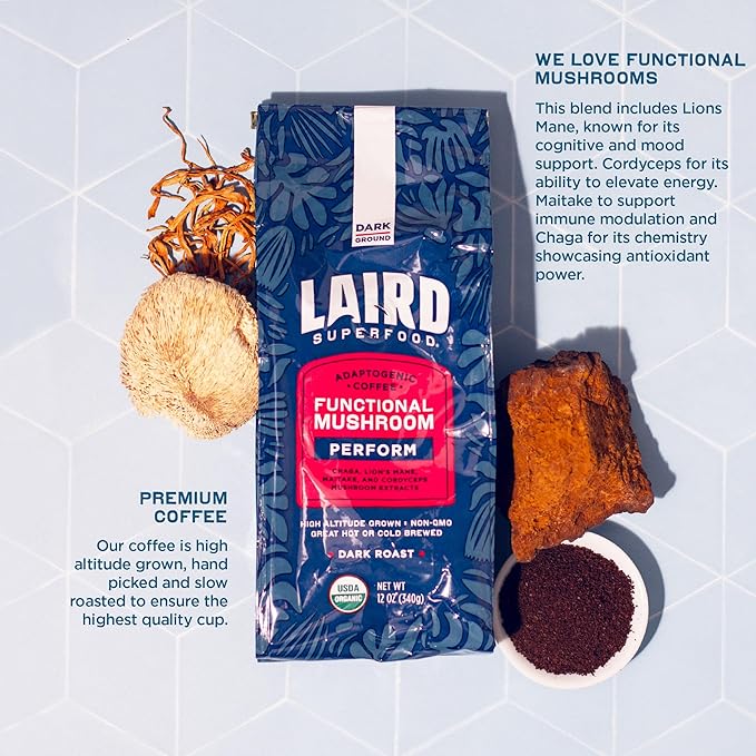Laird Superfood Peruvian Dark Roast Coffee with Functional Mushrooms, Certified Organic Peruvian