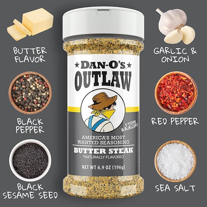 Dan-O's Outlaws Butter Steak Seasoning, 6.9 oz Bottle, All Purpose Seasoning for Steak, Chicken