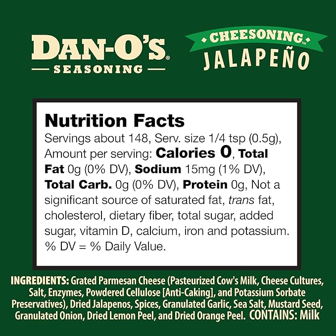 Dan-O's Jalapeño Cheesoning Seasoning, 2.6 oz Bottle, 2 Pack, Cheesy Seasoning for Pizza, Popcorn