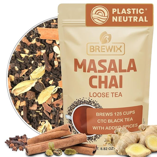 BREWIX, Masala Chai Tea Loose Leaf CTC TEA (125+ Cups, 8.82oz/250g) Strong Robust & Aromatic, All
