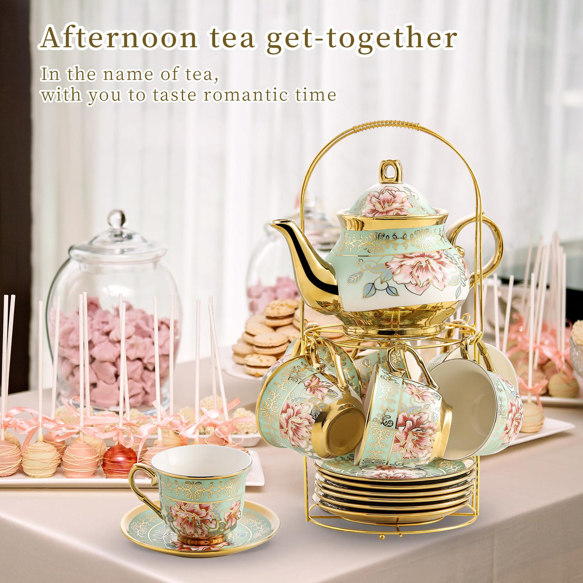 20 Pieces Porcelain Tea Set With Metal Holder, European Ceramic tea set for adults,Flower Tea
