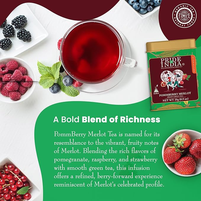 Pride of India | PommBerry Merlot Fruity Green Tea | 15 Pyramid Full Leaf Individually Wrapped Tea