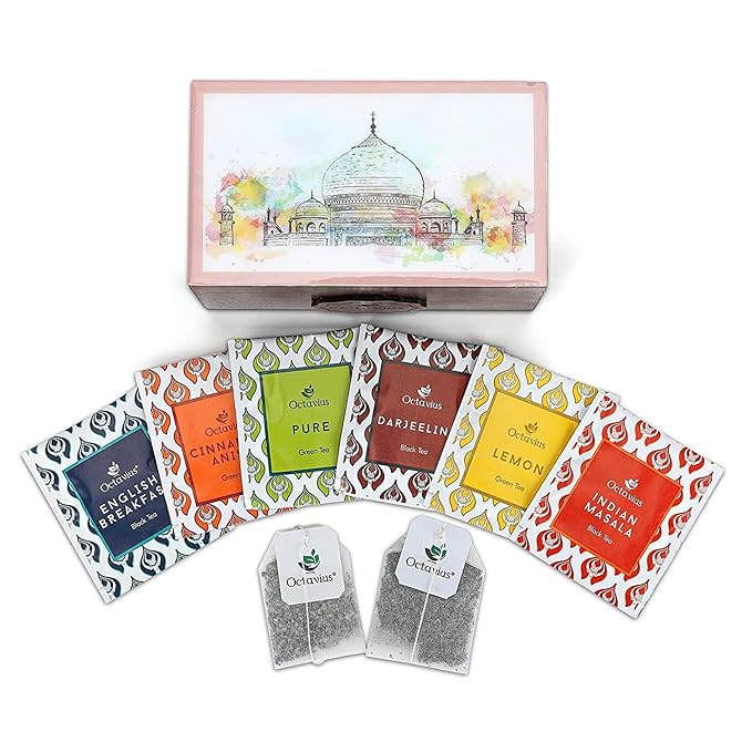 Octavius Assorted Tea Gift Set | 6 Assorted Black & Green Teas | 30 Teabags | Wooden Tea Sampler