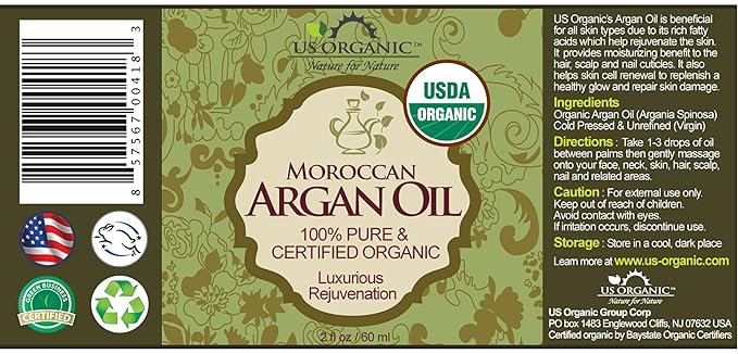 US Organic Moroccan Argan Oil, USDA Certified Organic,100% Pure & Natural, Cold Pressed Virgin