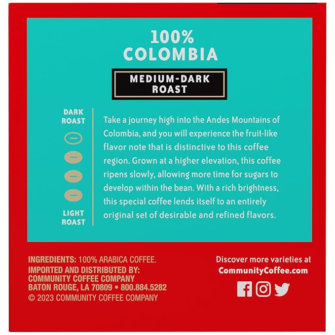 Community Coffee 100% Colombia 72 Count Coffee Pods, Medium Dark Roast, Compatible with Keurig 2.0