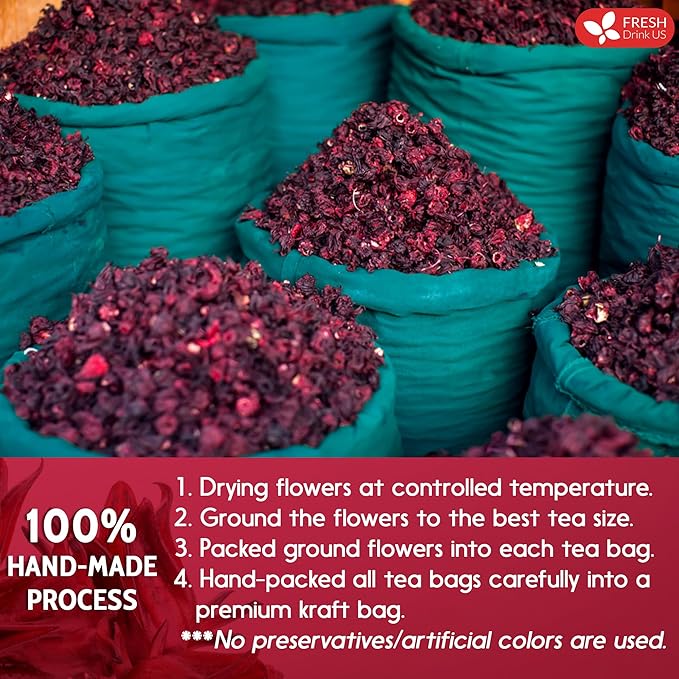 FRESHDRINKUS 115 Hibiscus Flowers Tea Bags, 100 Percent Natural, Pure from Hibiscus Flowers. Loose