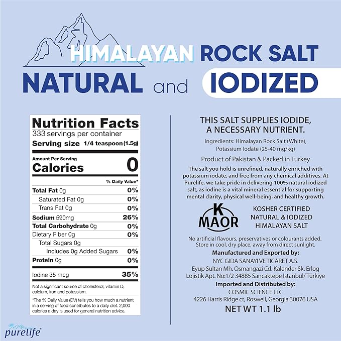 Purelife Himalayan Salt Fine - White Iodized Salt, Kosher Certified | Premium Unrefined Gourmet