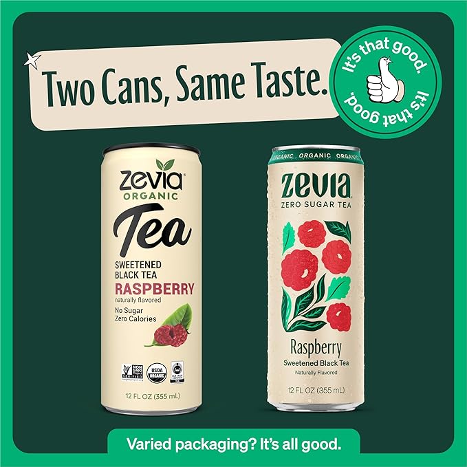 Zevia Zero Sugar Tea, Black Tea with Raspberry, 12 oz Cans (12-Pack) – Naturally Sweetened, Zero