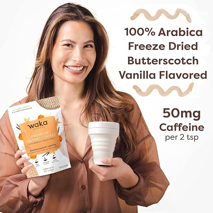 Waka Premium Instant Coffee — Butterscotch Vanilla Flavored — 100% Arabica Freeze Dried Beans — For
