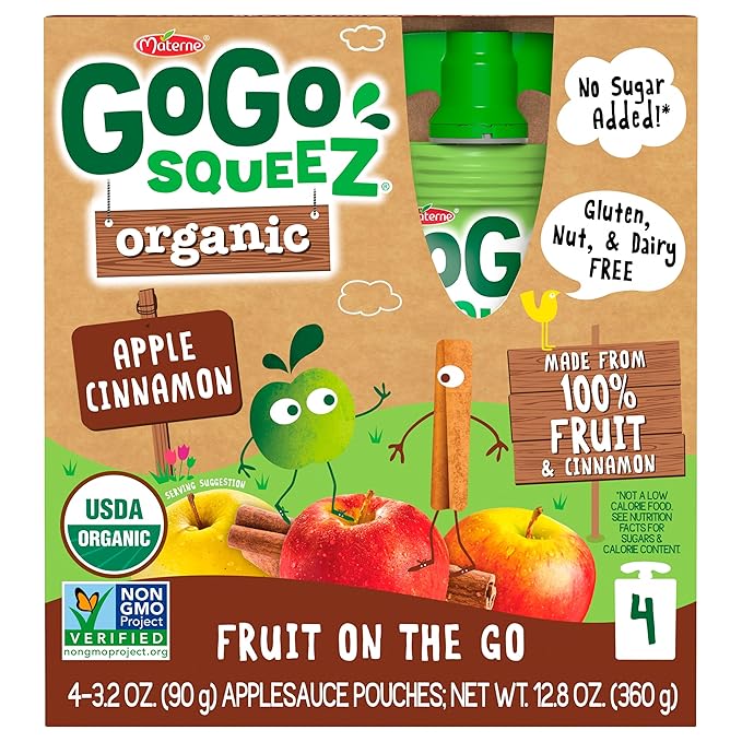 GoGo squeeZ Organic Applesauce and Fruit Puree, Apple Cinnamon, 3.2 oz (Pack of 48), Unsweetened