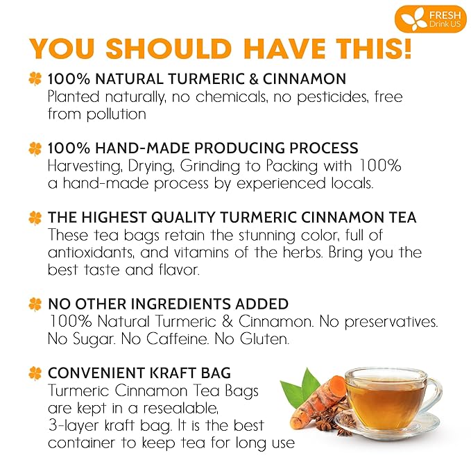 FreshDrinkUS, Premium 75 Turmeric Cinnamon Tea Bags, 100% Natural, Blend of Turmeric, and Cinnamon.