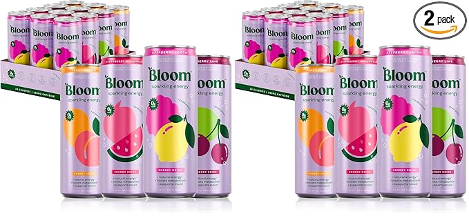 Bloom Nutrition Sparkling Energy Drink - Variety Pack - Natural Caffeine, Zero Sugar, 180mg
