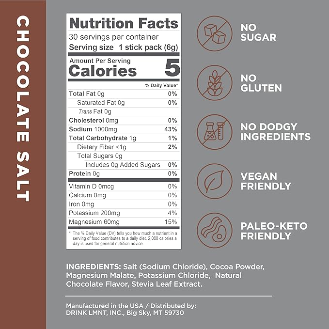 Drink LMNT Zero Sugar Hot Chocolate or Coffee Mixer - Chocolate Salt | Drink Mix | 30-Count