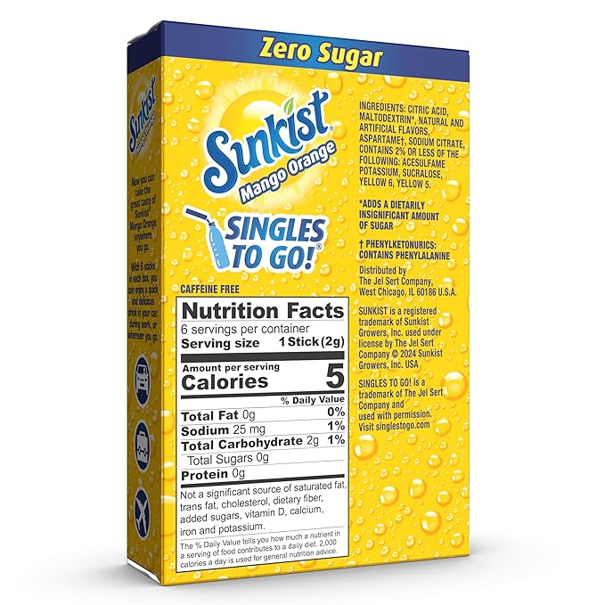 Sunkist Soda Mango Orange Singles To Go Drink Mix, 12 Boxes with 6 Packets Each - 72 Total Servings