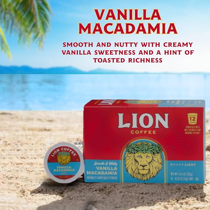 Lion Coffee Vanilla Macadamia Flavored Medium Roast Coffee Pods - Single-Serve Pods - Hawaiian