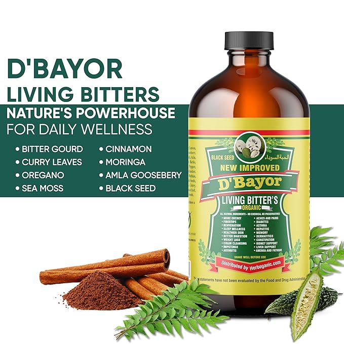 HERBOGANIC D'Bayor Living Bitter 16oz - Natural Blend of Black seed, Bitter Melon, Cinnamon and