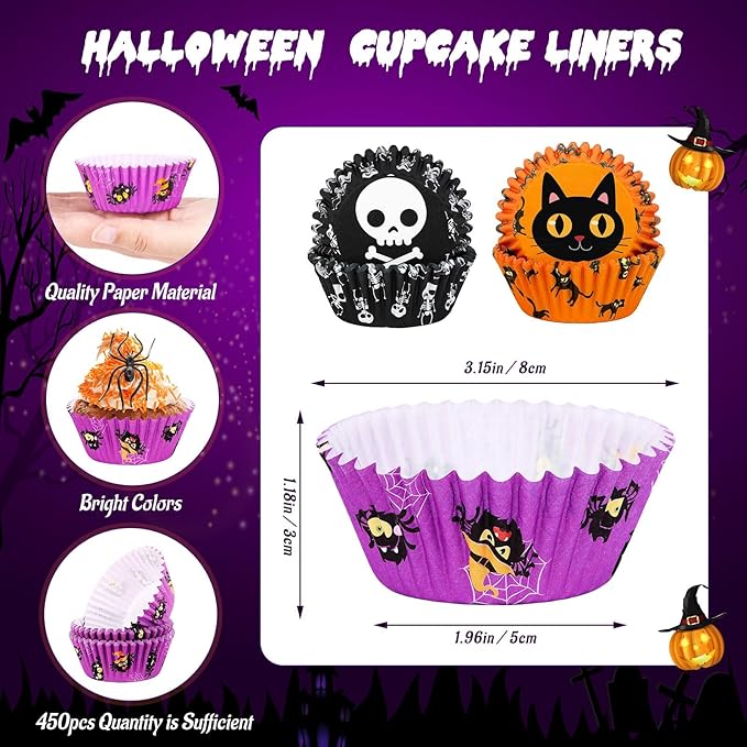 SANNIX 450pcs Halloween Cupcake Liners, Ghost Pumpkin Spider Baking Cups Cupcake Wrappers Paper