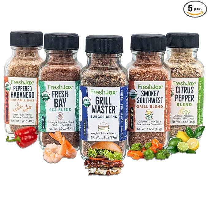 FreshJax Grill Seasoning Gift Set | 5 Sampler Sized Organic Grilling Spices | Grilling Christmas
