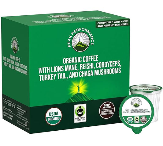 Organic Mushroom Coffee Pods with Lion's Mane, Reishi, Cordyceps, Turkey Tail, and Chaga Mushrooms.