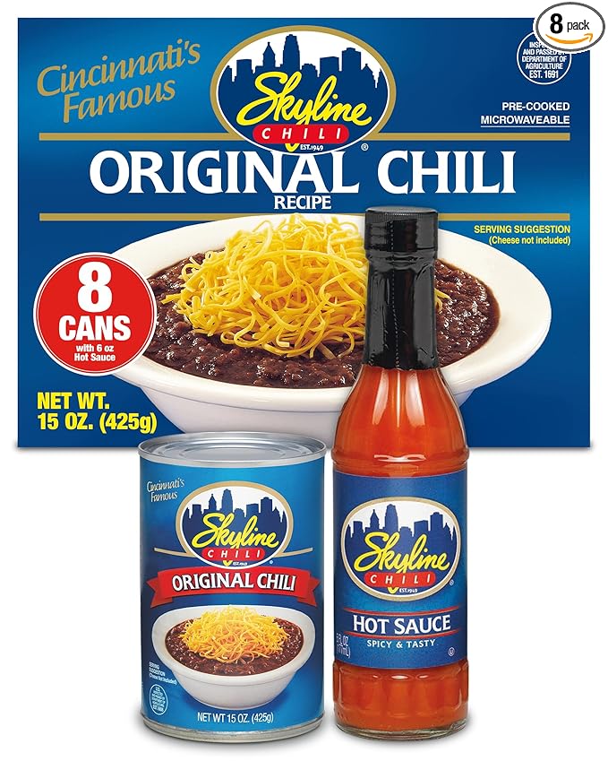 Skyline Chili Bundle - 8-Pack of 15oz Cans Original Chili, (1) 6oz Skyline Hot Sauce Bottle