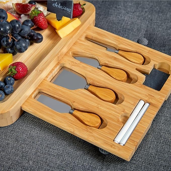 RoyalHouse Unique Bamboo Cheese Board and Knife Set with 2 Slide-Out Cutlery Drawers - Charcuterie