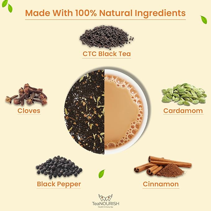 TeaNOURISH Indian Original Masala Chai Tea | Assam CTC Black Tea Loose | Blended with Cinnamon